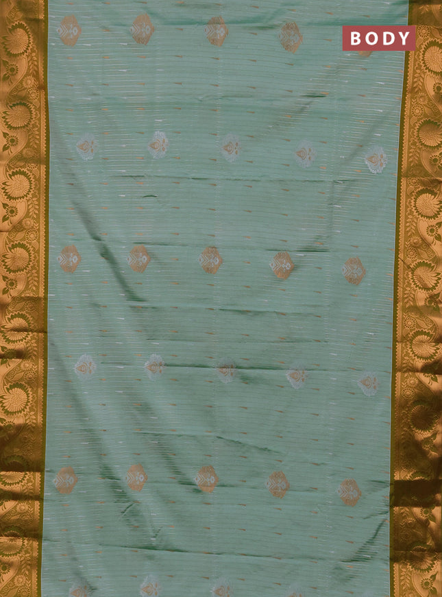 Semi soft silk saree pastel green and lime green with allover silver & gold zari stripes & buttas and zari woven border