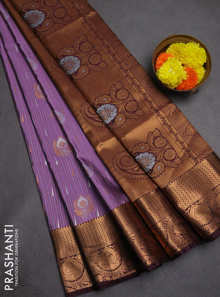 Semi soft silk saree pastel purple and deep wine with allover silver & gold zari stripes & buttas and zari woven border