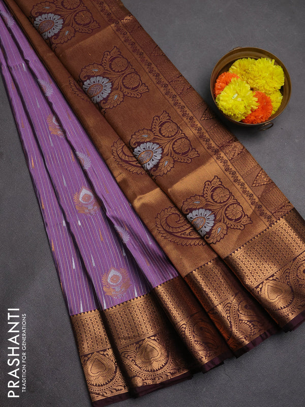 Semi soft silk saree pastel purple and deep wine with allover silver & gold zari stripes & buttas and zari woven border