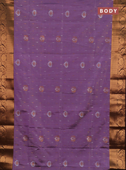 Semi soft silk saree pastel purple and deep wine with allover silver & gold zari stripes & buttas and zari woven border
