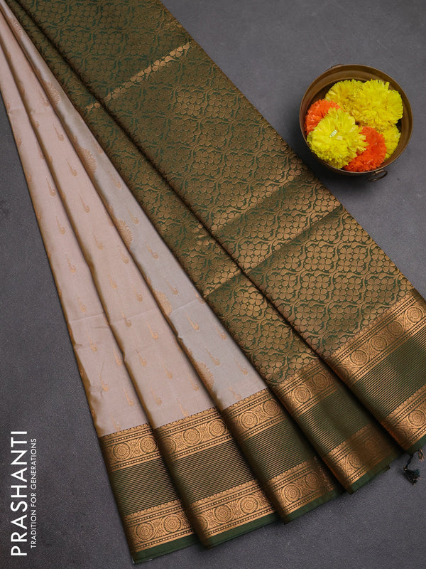 Semi soft silk saree grey and bottle green with allover zari woven buttas and zari woven border