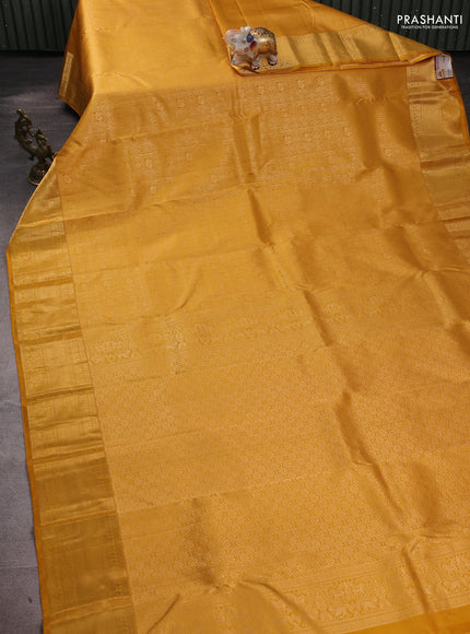 Pure kanchipuram silk saree mustard yellow with allover zari woven brocade weaves and rich zari woven border