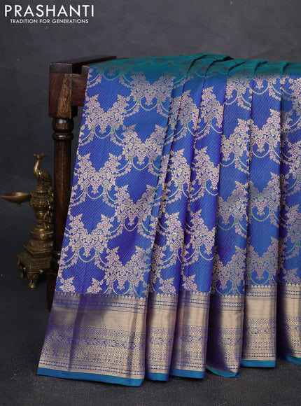 Pure kanchipuram silk saree dual shade of blue with allover zari woven brocade weaves and rich zari woven border