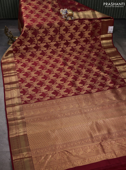 Pure kanchipuram silk saree maroon with allover zari woven brocade weaves and rich zari woven border
