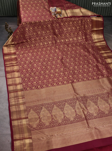 Pure kanchipuram silk saree wine shade with allover zari woven brocade weaves and rich zari woven border