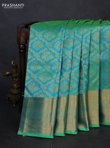 Pure kanchipuram silk saree teal bluish green with allover zari woven brocade weaves and rich zari woven border