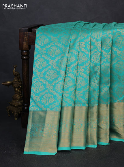 Pure kanchipuram silk saree teal green with allover zari woven brocade weaves and rich zari woven border