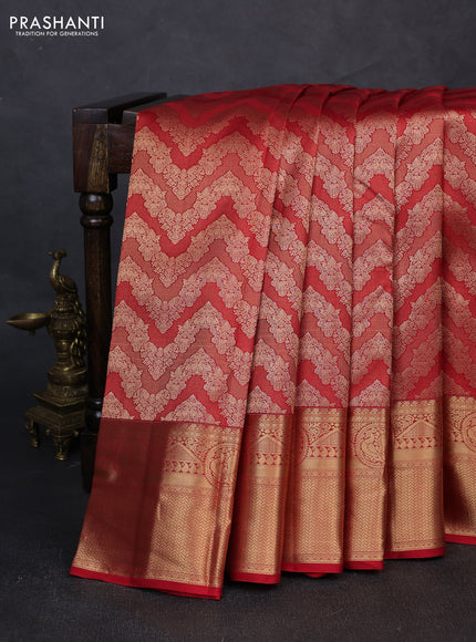 Pure kanchipuram silk saree red with allover zari woven zig zag brocade weaves and rich zari woven border