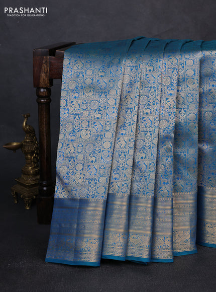 Pure kanchipuram silk saree cs blue with allover zari woven brocade weaves and rich zari woven border