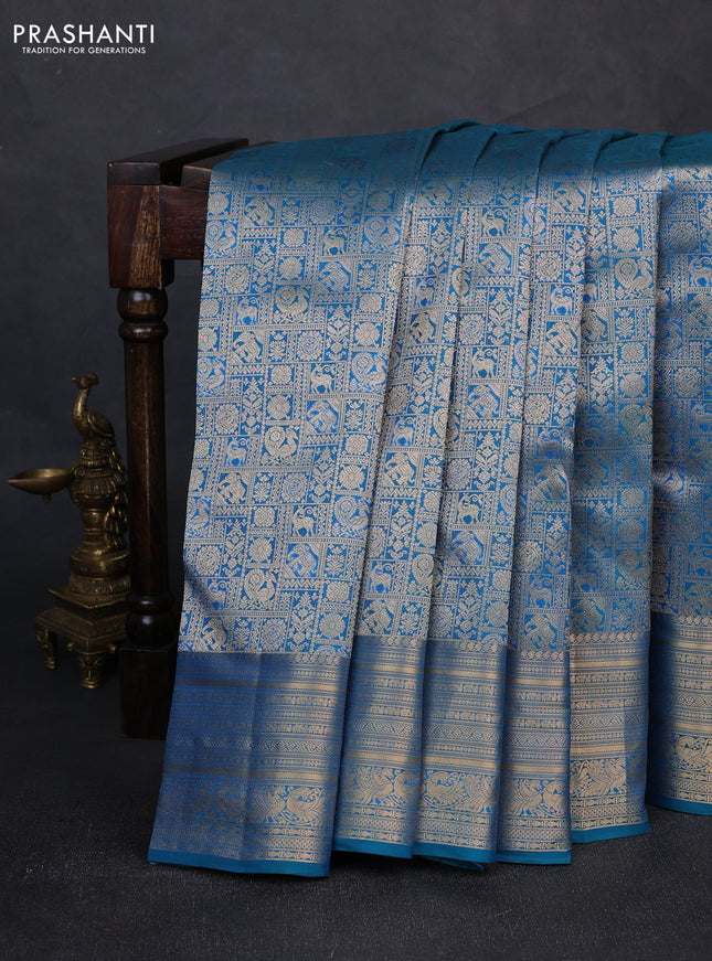 Pure kanchipuram silk saree cs blue with allover zari woven brocade weaves and rich zari woven border