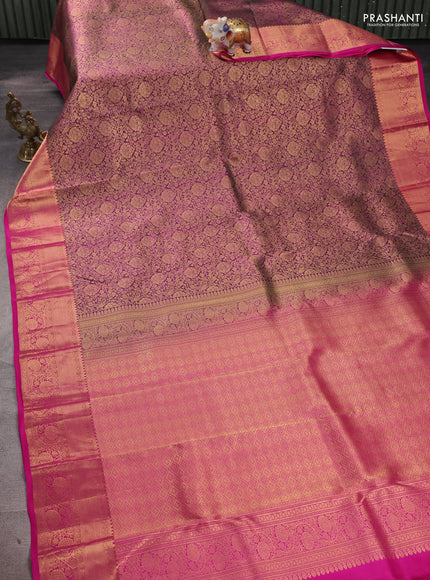 Pure kanchipuram silk saree dual shade of purple and pink with allover zari woven brocade weaves and rich zari woven border