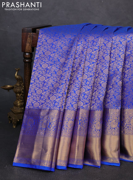 Pure kanchipuram silk saree blue with allover zari woven brocade weaves and rich zari woven border