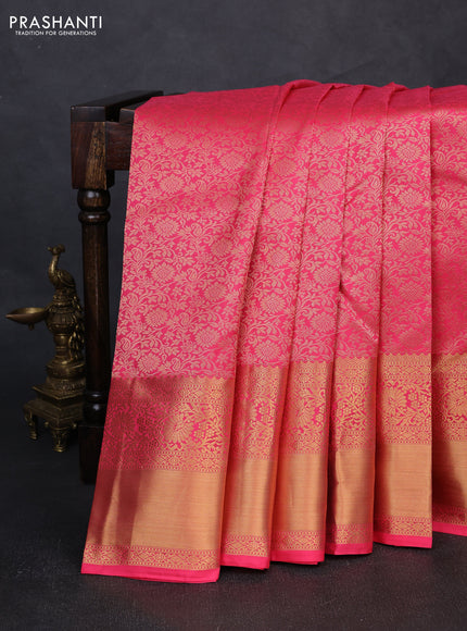 Pure kanchipuram silk saree hot pink with allover zari woven brocade weaves and long rich zari woven border