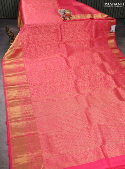 Pure kanchipuram silk saree hot pink with allover zari woven brocade weaves and long rich zari woven border