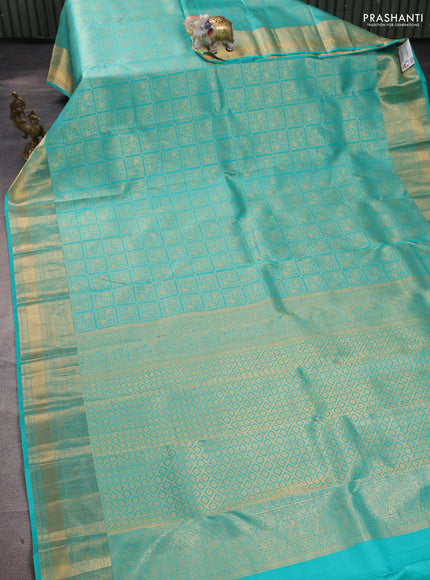 Pure kanchipuram silk saree teal blue with allover zari woven brocade weaves and rich zari woven border