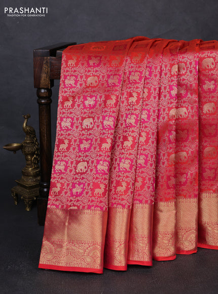 Pure kanchipuram silk saree orange with allover zari woven brocade weaves and rich zari woven border