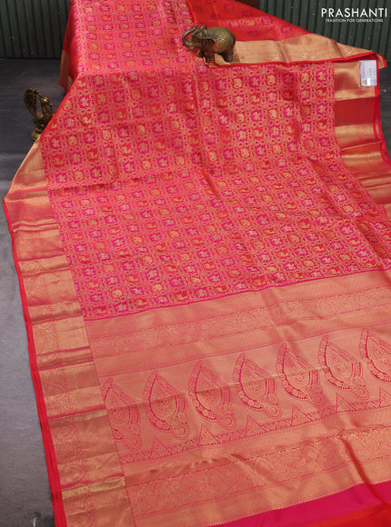 Pure kanchipuram silk saree orange with allover zari woven brocade weaves and rich zari woven border
