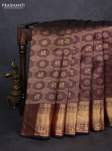 Pure kanchipuram silk saree deep wine shade with allover zari woven brocade weaves and rich zari woven border