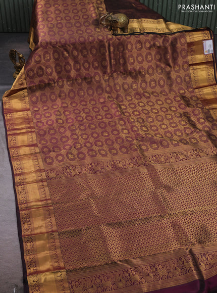 Pure kanchipuram silk saree deep wine shade with allover zari woven brocade weaves and rich zari woven border