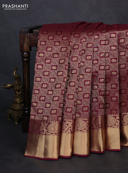 Pure kanchipuram silk saree wine shade with allover zari woven brocade weaves and rich zari woven border