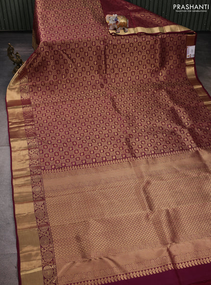 Pure kanchipuram silk saree wine shade with allover zari woven brocade weaves and rich zari woven border