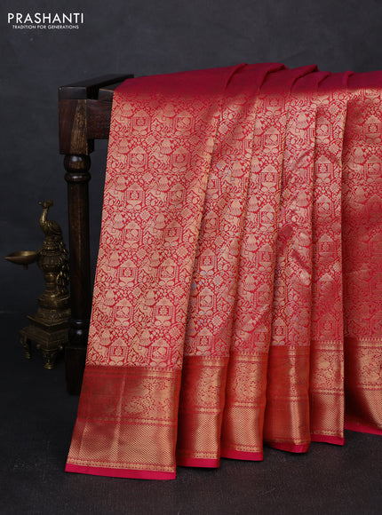 Pure kanchipuram silk saree reddish pink with allover zari woven brocade weaves and rich zari woven border