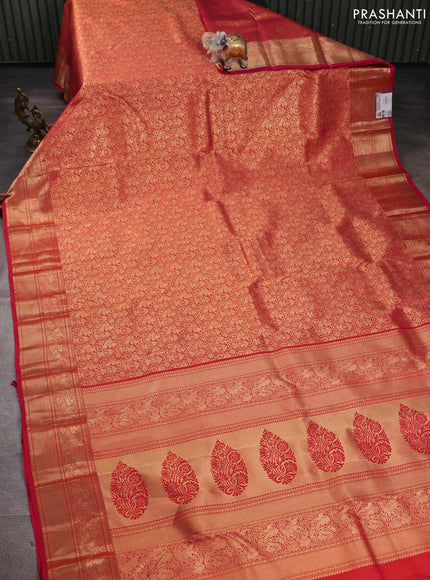 Pure kanchipuram silk saree reddish pink with allover zari woven brocade weaves and rich zari woven border