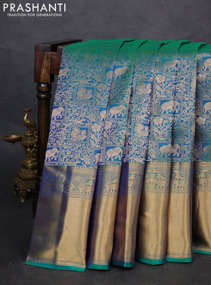 Pure kanchipuram silk saree dual shade of teal green with allover zari woven brocade weaves and long rich zari woven border