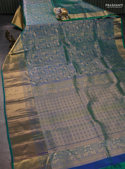 Pure kanchipuram silk saree dual shade of teal green with allover zari woven brocade weaves and long rich zari woven border