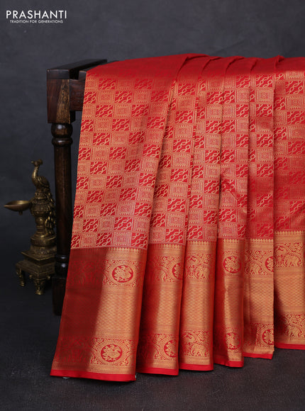 Pure kanchipuram silk saree red with allover zari woven brocade weaves and long rich zari woven border
