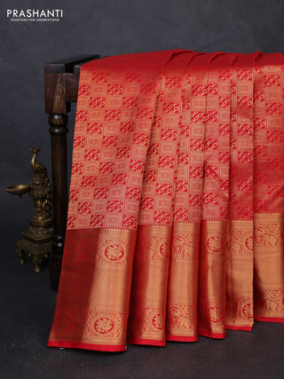 Pure kanchipuram silk saree red with allover zari woven brocade weaves and long rich zari woven border