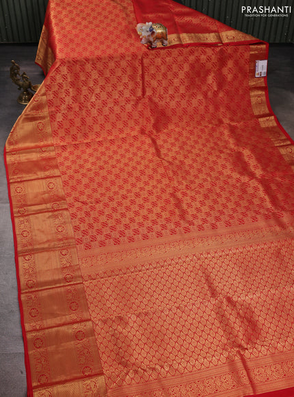 Pure kanchipuram silk saree red with allover zari woven brocade weaves and long rich zari woven border