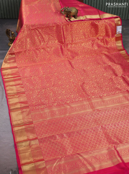 Pure kanchipuram silk saree magenta pink with allover zari woven brocade weaves and rich zari woven border