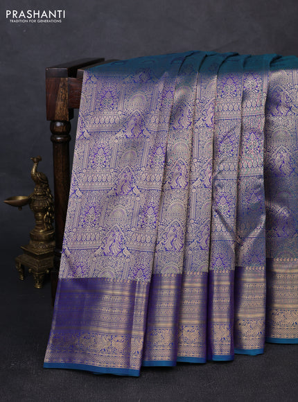 Pure kanchipuram silk saree peacock green shade with allover zari woven brocade weaves and rich zari woven border