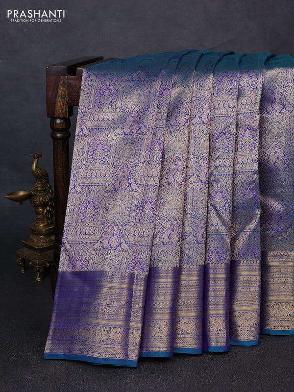 Pure kanchipuram silk saree peacock green shade with allover zari woven brocade weaves and rich zari woven border