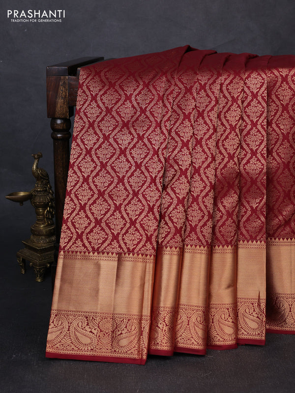 Pure kanchipuram silk saree deep maroon with allover zari woven brocade weaves and rich zari woven border
