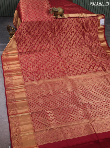 Pure kanchipuram silk saree deep maroon with allover zari woven brocade weaves and rich zari woven border