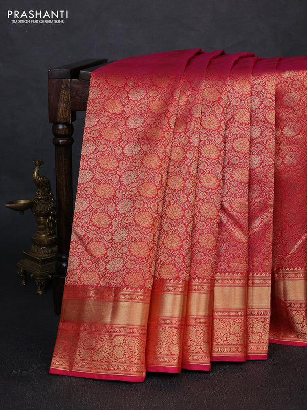 Pure kanchipuram silk saree pink with allover zari woven brocade weaves and rich zari woven border