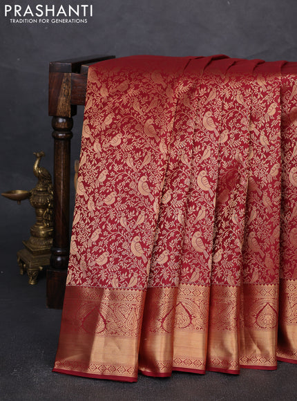 Pure kanchipuram silk saree deep maroon with allover zari woven brocade weaves and rich zari woven border