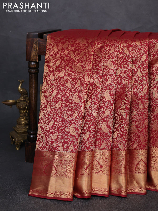 Pure kanchipuram silk saree deep maroon with allover zari woven brocade weaves and rich zari woven border