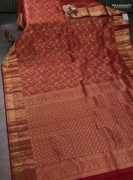 Pure kanchipuram silk saree deep maroon with allover zari woven brocade weaves and rich zari woven border