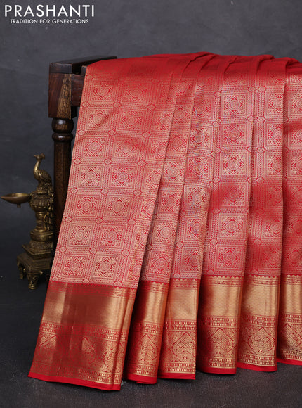 Pure kanchipuram silk saree red with allover zari woven brocade weaves and rich zari woven border