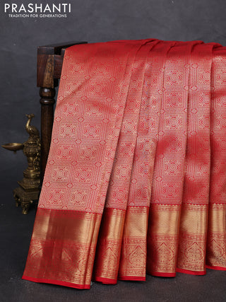 Pure kanchipuram silk saree red with allover zari woven brocade weaves and rich zari woven border