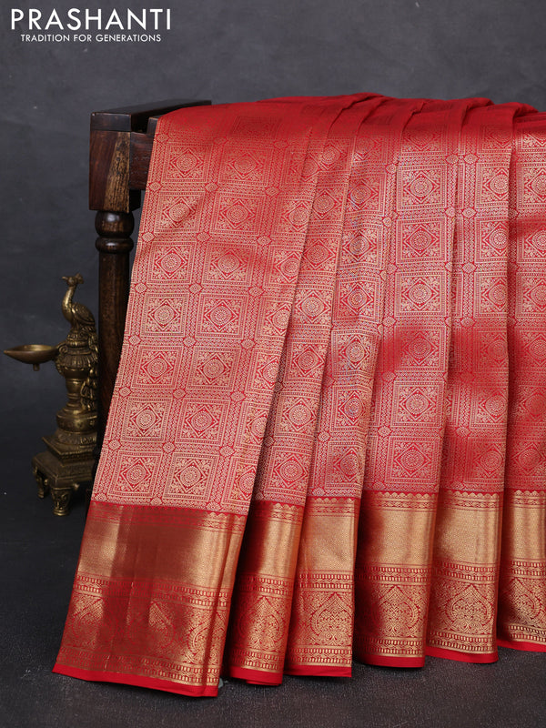 Pure kanchipuram silk saree red with allover zari woven brocade weaves and rich zari woven border