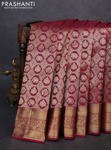 Pure kanchipuram silk saree wine shade with allover zari woven brocade weaves and rich zari woven border