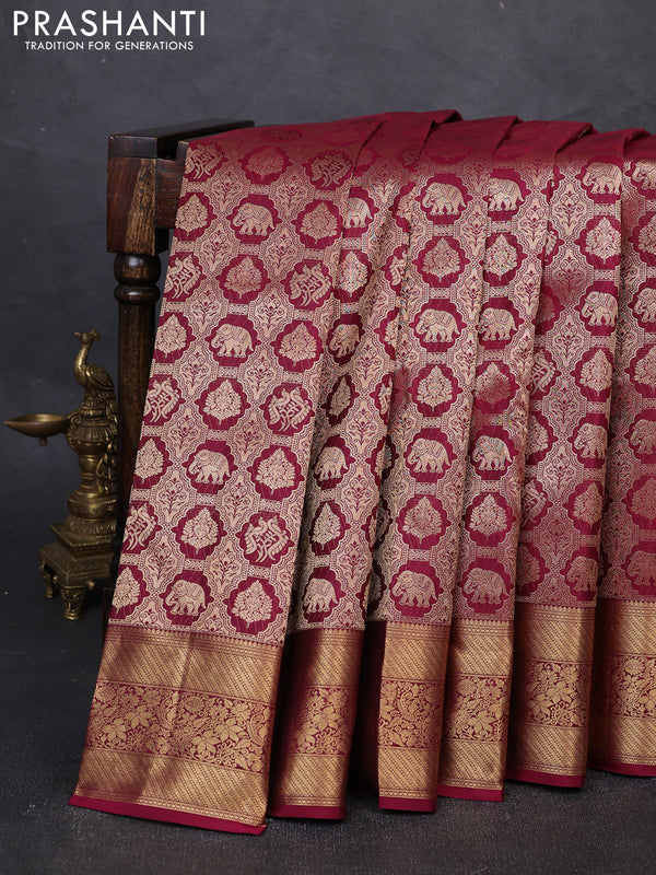 Pure kanchipuram silk saree wine shade with allover zari woven brocade weaves and rich zari woven border