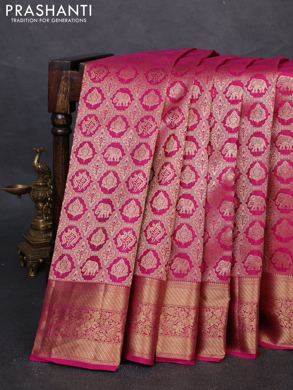 Pure kanchipuram silk saree dark magenta pink with allover zari woven brocade weaves and rich zari woven border