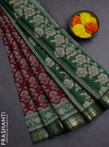 Semi maheshwari cotton saree red and green with floral butta prints and zari woven border