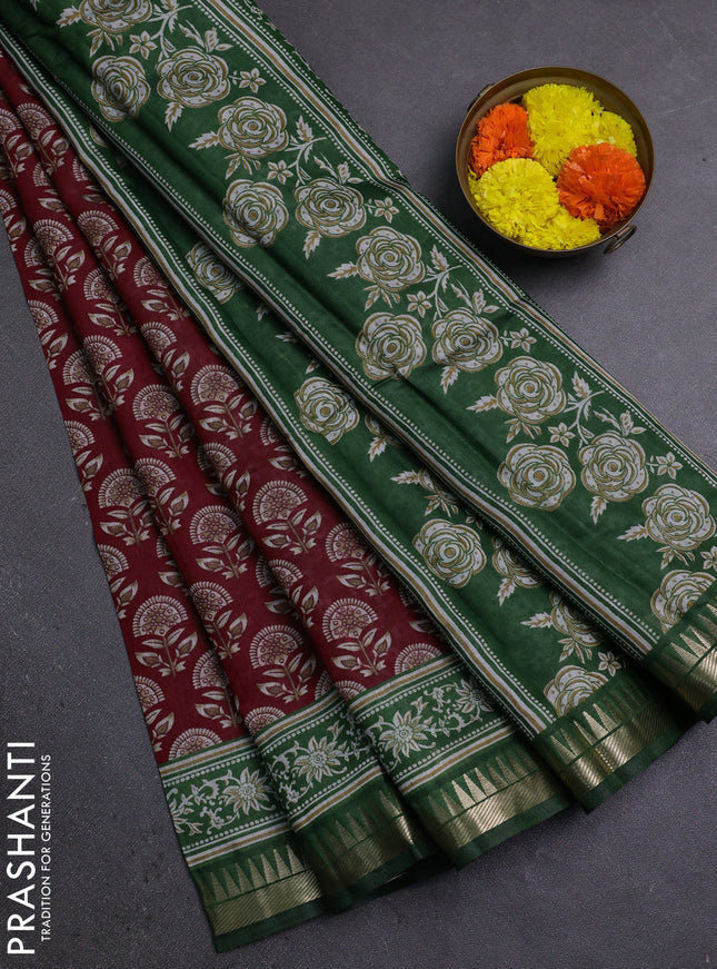 Semi maheshwari cotton saree red and green with floral butta prints and zari woven border