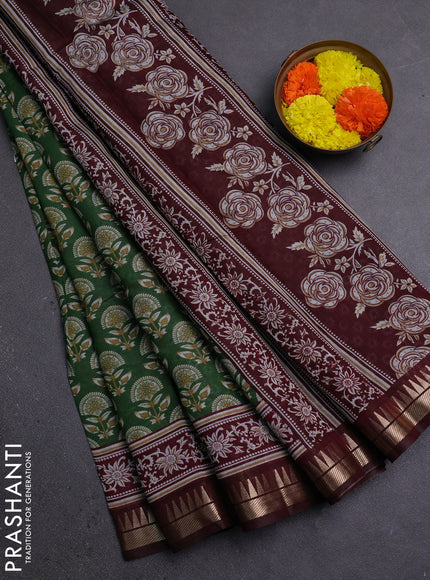 Semi maheshwari cotton saree green and deep maroon with floral butta prints and zari woven border
